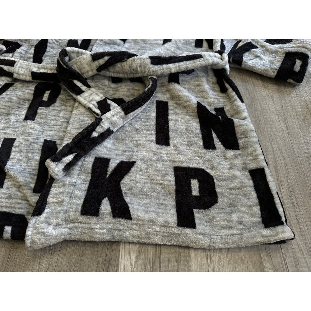 Victoria's‎ Secret PINK Robe Gray Black Logo Plush Tie Waist Cozy M/L - Picture 3 of 15